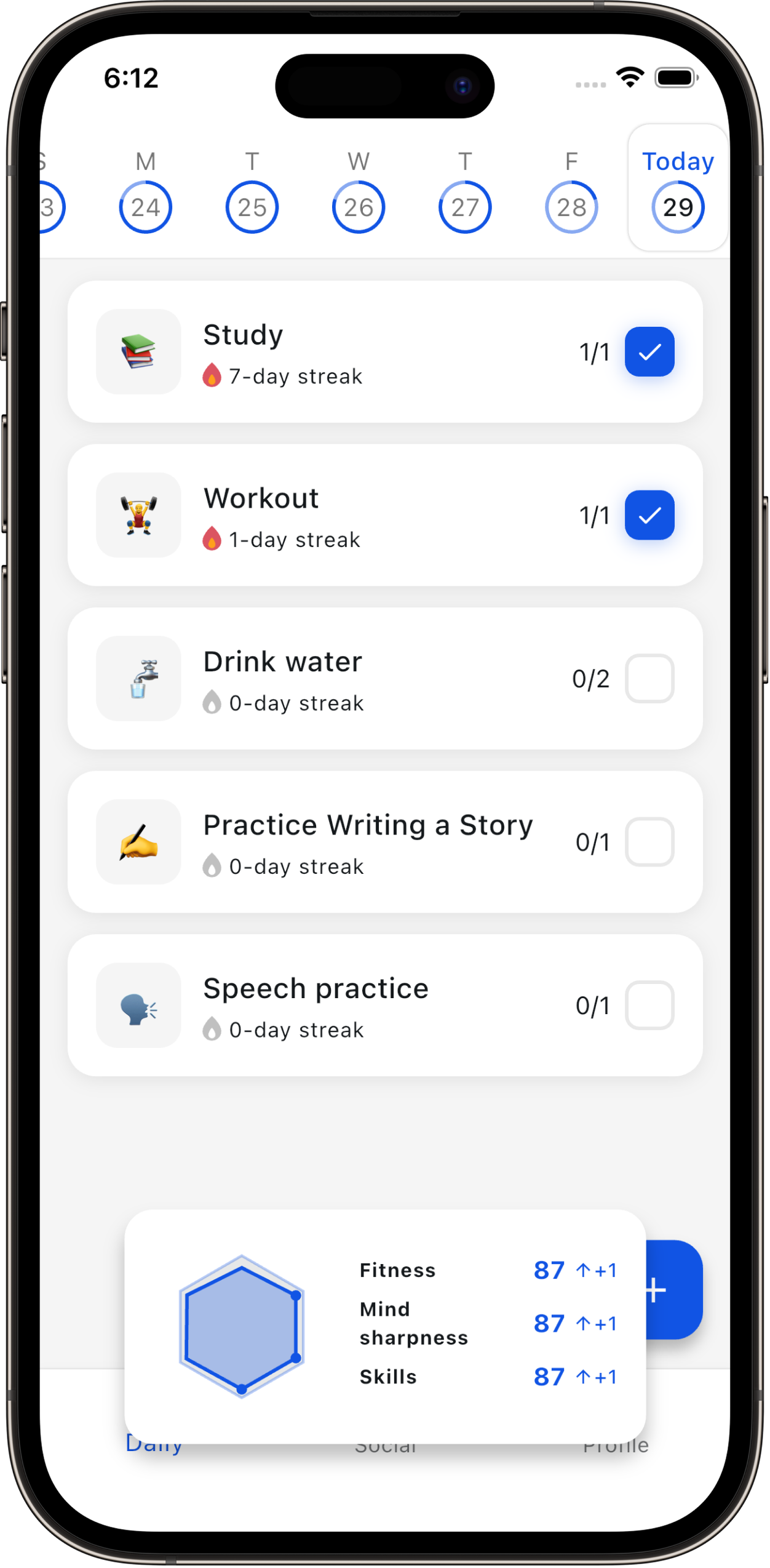 Blueprint app daily habits screen